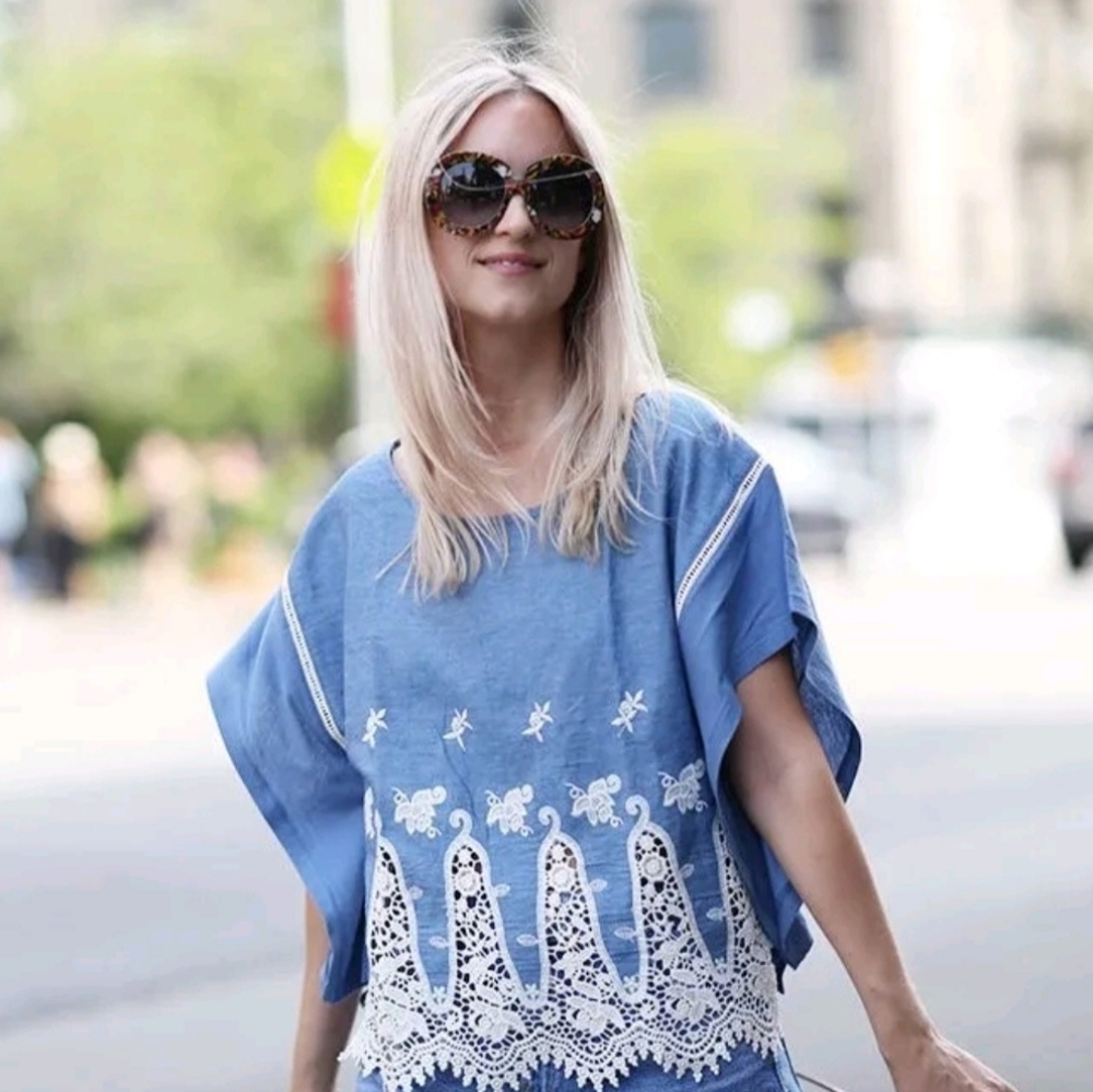 Zara Blue Chambray Embroider kaftan Top Small